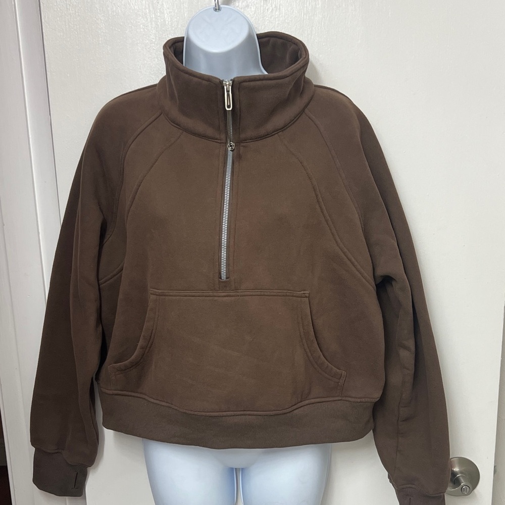 Women’s Brown funnel neck cropped Jacket, 1/4 zip, kangaroo pocket, Sz  Med